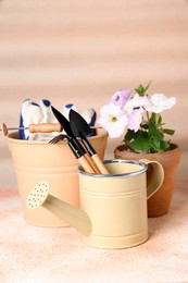 Photo of Watering can, gardening tools and beautiful plant on beige background