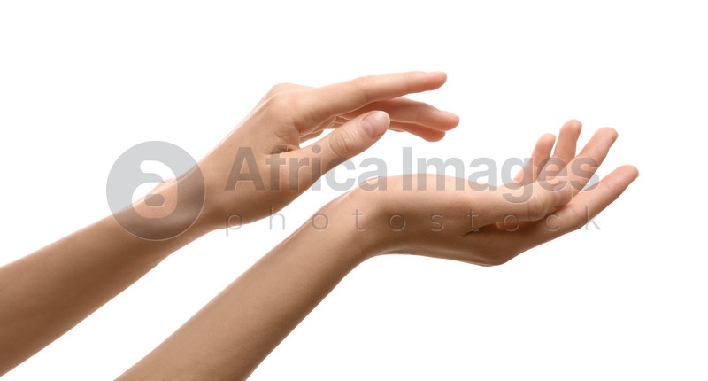 Woman with beautiful hands on white background, closeup