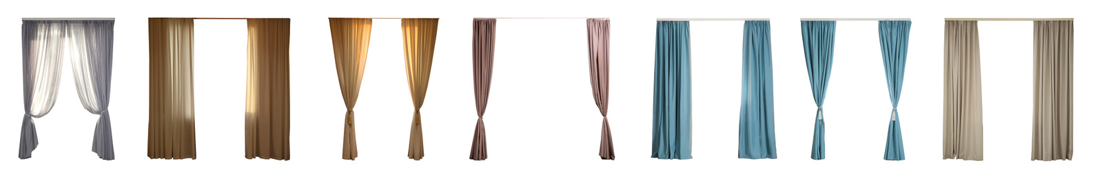 Set with different elegant curtains on white background. Banner design 