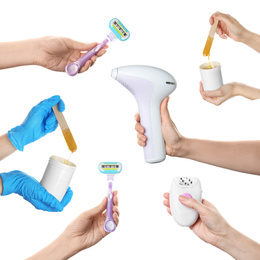 Image of Collage of women holding different equipment for epilation on white background, closeup