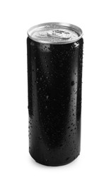 Black can of energy drink with water drops isolated on white. Mockup for design