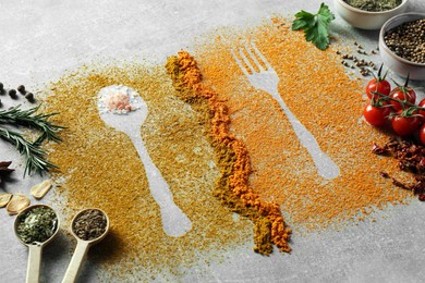 Photo of Different spices and silhouettes of cutlery on light grey table