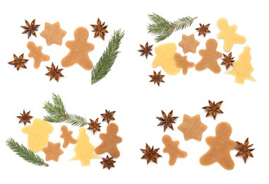 Set with unbaked Chsristmas cookies, anise stars and fir twigs on white background, top view