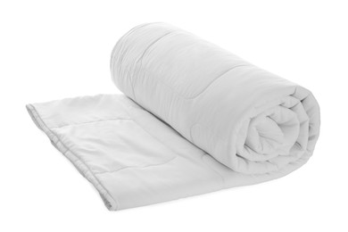 Rolled clean blanket isolated on white. Household textile