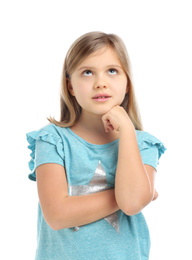 Thoughtful little girl wearing casual outfit on white background