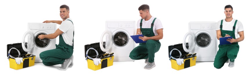 Collage with photos of plumber repairing washing machine on white background. Banner design