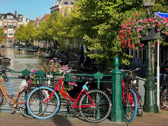 Photo of View of bicycles and beautiful plants near canal on city street