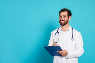 Photo of Doctor with stethoscope and clipboard on light blue background. Space for text