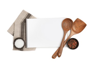 Blank recipe book, spices and wooden utensils on white background, top view. Space for text