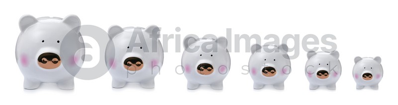 Set with piggy banks of different sizes on white background, banner design. Money saving