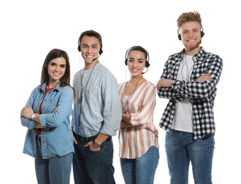 Technical support operators with headsets on white background