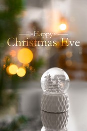 Happy Christmas Eve, postcard design. Decorative  snow globe on mirror surface