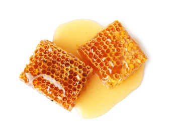 Fresh honeycombs on white background, top view