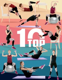 Image of Top ten list of home fitness exercises on color background. Young sporty woman in different poses
