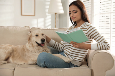 Young woman with book and her Golden Retriever on sofa at home. Adorable pet