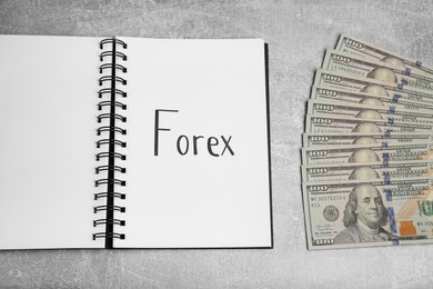 Notebook with word Forex and money on grey table, flat lay
