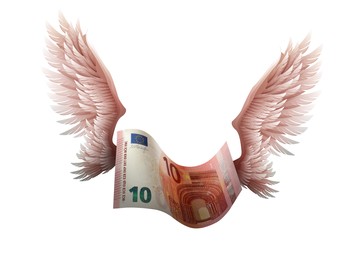 Euro banknote with wings on white background