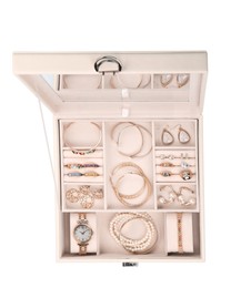 Jewelry box with stylish golden bijouterie on white background, top view