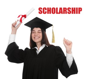 Image of Scholarship concept. Happy student in academic dress with diploma on white background