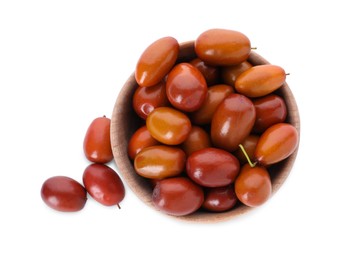 Ripe red dates in bowl on white background, top view
