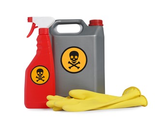 Bottles of toxic household chemicals with warning signs and rubber gloves on white background