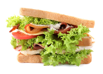 Yummy sandwich with bacon, ham and chicken isolated on white