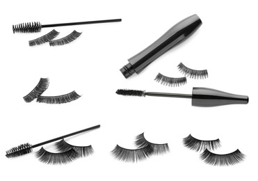 Image of Set with beautiful false eyelashes, black mascara and brushes on white background
