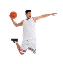 Professional sportsman playing basketball on white background