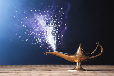 Genie appearing from magic lamp of wishes. Fairy tale