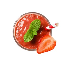 Photo of Glass of tasty strawberry smoothie isolated on white, top view