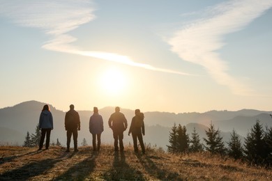 Group of people enjoying sunrise in mountains, back view. Space for text