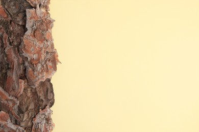 Photo of Tree bark pieces on beige background, top view. Space for text
