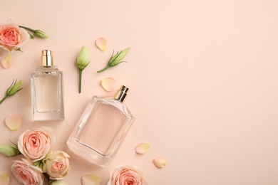 Flat lay composition with different perfume bottles and fresh flowers on beige background, space for text