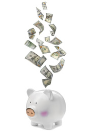 Dollars falling into piggy bank on white background 