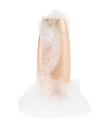Bottle of bubble bath with foam isolated on white