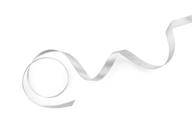 Silver satin ribbon on white background, top view
