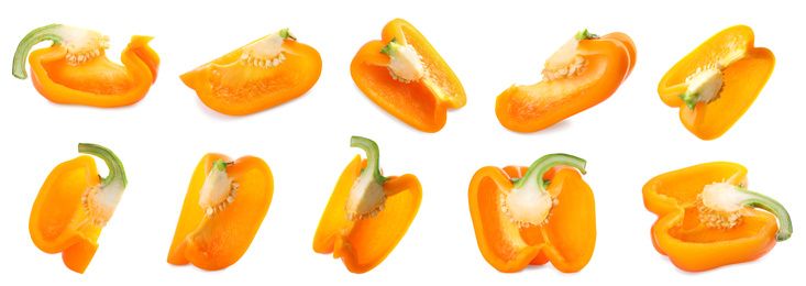 Image of Set of cut ripe orange bell peppers on white background