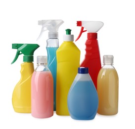 Photo of Bottles with different detergents on white background. Cleaning supplies