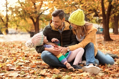 Happy family with child together in park. Autumn walk
