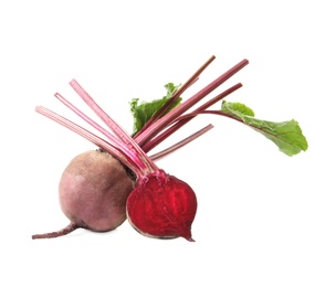 Raw ripe beets with stems isolated on white