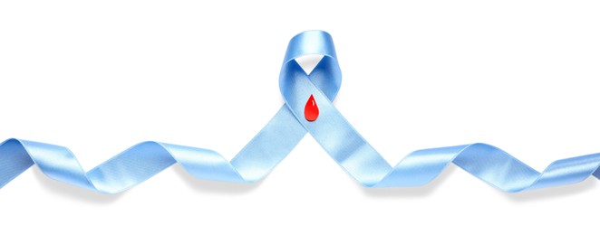 Light blue ribbon with paper blood drop isolated on white. World Diabetes Day