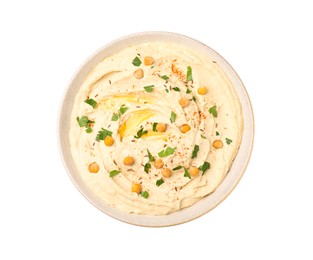 Tasty hummus with garnish in bowl isolated on white, top view