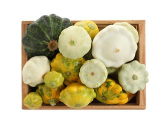 Fresh ripe pattypan squashes in wooden crate on white background, top view