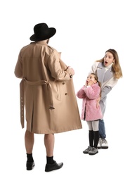 Exhibitionist exposing naked body under coat in front of mother with child isolated on white