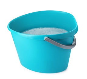 Turquoise bucket with detergent isolated on white