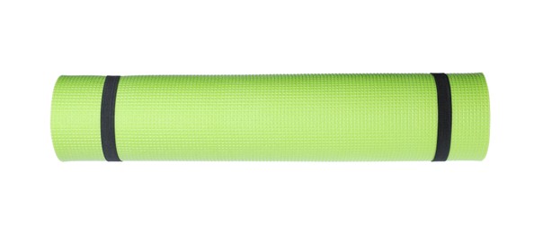 Light green rolled camping or exercise mat on white background, top view