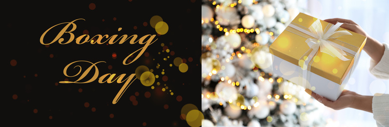 Boxing Day banner design. Woman holding gift near Christmas tree, closeup