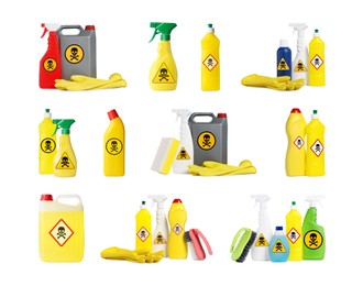 Set with different toxic household chemicals with warning signs on white background