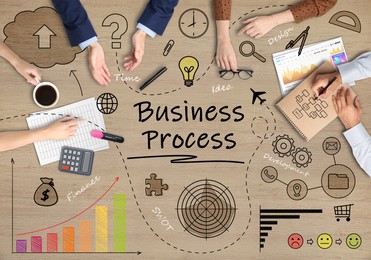 Discussing business process. People and different illustrations on wooden background, top view