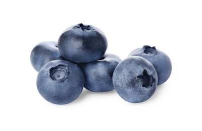 Photo of Pile of tasty fresh ripe blueberries on white background